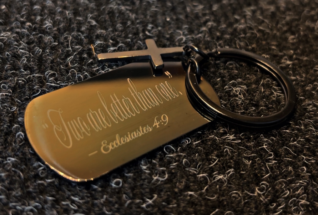 Engraved cross keychain with scripture