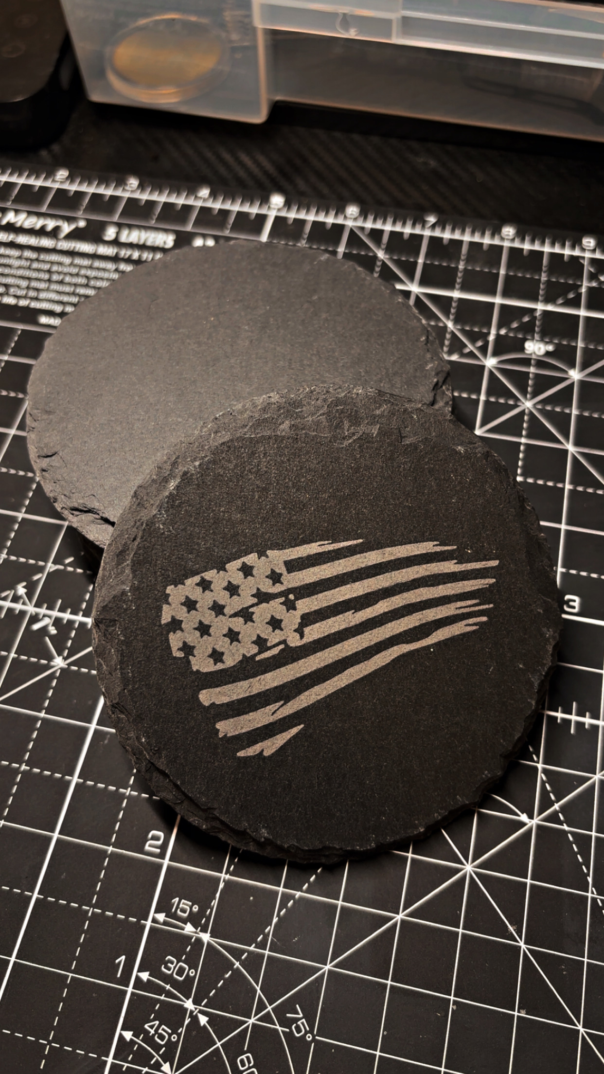 Engraved slate coasters with American flag